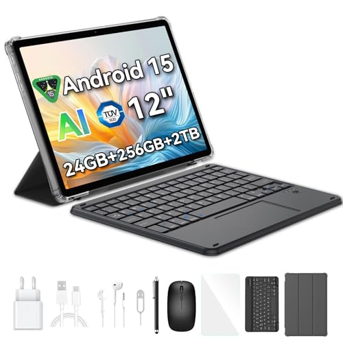 Blackview Mega 2 Tab de 12 polegadas Tablet Android 15 Dual 4G LTE e 5G WiFi, 24 GB RAM+256 GB ROM/2TB TF, câmaras IA, 9000 mAh, Widevine L1/GPS/WPS/PC Tablet com teclado, rato, Capa Pro. Peitora