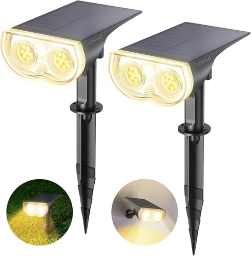 Linkind Luzes solares LED para exteriores, jardim, holofote solar com sensor de luz, branco quente, 3000 k 650 lm, lâmpada solar impermeável IP67 para iluminação de caminhos, pátio, terreza e campismo