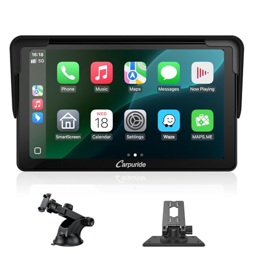 Carpuride Estéreo para carro, Carplay sem fios portátil e Android Auto, rádio de ecrã táctil HD 1080P de 7 polegadas com BT 5.0, suporte de ligação de espelho para camião RV Dash Mount