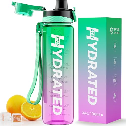 Mevoly Garrafa de água de 1 litro, garrafa de água ginásio sem BPA, com marcador de tempo, garrafa de água desportiva de plástico motivacional, cantil 1 l para ginástica, colégio, bicicleta