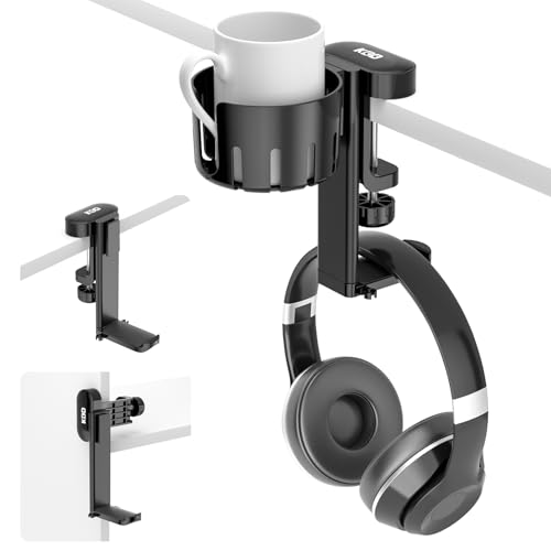 KDD 2 em 1 Suporte capacetes Gaming com suporte caneca de secretária - suporte auriculares giratório com braçadeira sob a mesa - suporte para chávenas de café, copos de água, auriculares (preto)