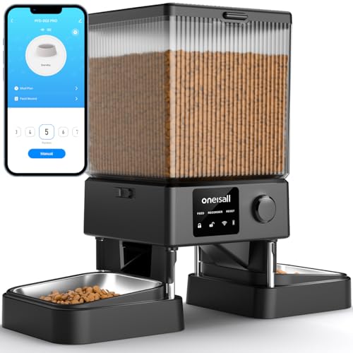 oneisall 5 l Alimentador automático gato 2 tigelas, 5 G/2,4 G WiFi máquina de comida inteligente para gatos/cães, operação fácil com controlo App, com 2 tigelas de aço inoxidável, gravador de voz