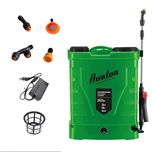 Avalon - Pulverizador de mochila de pressão com bateria recarregável, tanque 16 l, lança INOX verde. Inclui arnês, carregador e conjunto de bicos de pulverização
