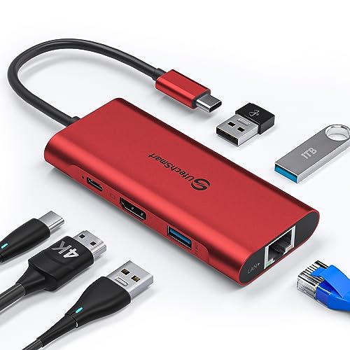 Hub USB C, UtechSmart 6 em 1 USB C para HDMI adaptador com 1000 M RJ45 Ethernet, PD 100 W, 3 portas USB 3.0 adaptador compatível para MacBook, Chromebook Google TV e dispositivos USB C (vermelho)