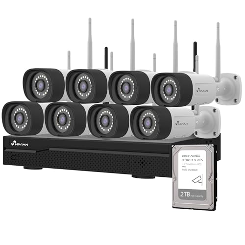 NIVIAN Kit câmaras de vigilância profissional WiFi SuperHD com 8 câmaras IP e gravador com disco rígido 16CH - para casas e negócios - visão noturna, detecção humana IA, áudio bidirecional