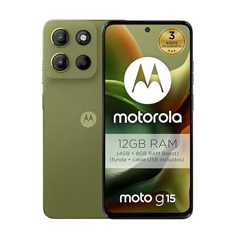 Motorola Moto g15 12 GB (4 GB + 8 GB RAM Boost)/128 GB verde, Espanha, ecrã FHD de 6,72", sistema de câmaras de 50 MP e alvo ultra grande, bateria de 5200 mAh, carregamento TurboPower, Carregamento