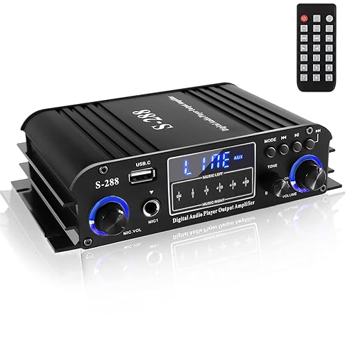 Romicta Amplificador de áudio doméstico Bluetooth 5.0 de 4 canais, 50 W x 4, máximo 1200 W, amplificador de potência estéreo HiFi USB, SD, FM classe D, amplificador de altifalante para cinema em casa,