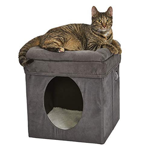 New World modelo B137-GY Casa para gatos com cama superior, 39,37 x 39,37 x 41,91 cm (comprimento x largura x altura)