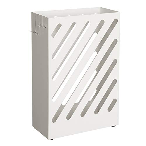 SONGMICS Guarda-chuva, suporte de guarda-chuva, balde para guarda-chuva, guarda-chuvas retângulo, ganchos, pratos de acumular água, design oco, branco LUC03WT