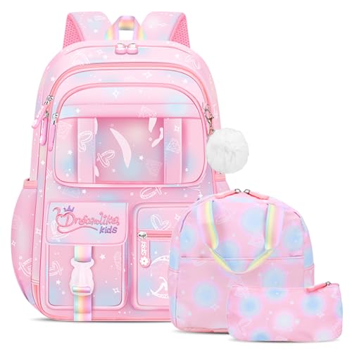 Amythe Mochila escolar de menina primária 3 peças, 2025 mochila para meninas Kawaii com pendente 6 a 12 anos, mochilas escolares menina impermeável e leve, 26 L, 6777
