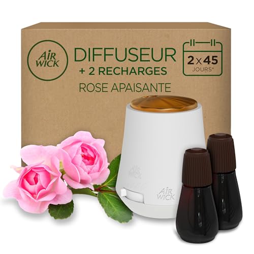 Air Wick Essential Mist Aparelho e recargas de ambientador difusor de óleos essenciais para casa com aroma de rosa, conjunto de 1 aparelho e 2 peças sobresselentes