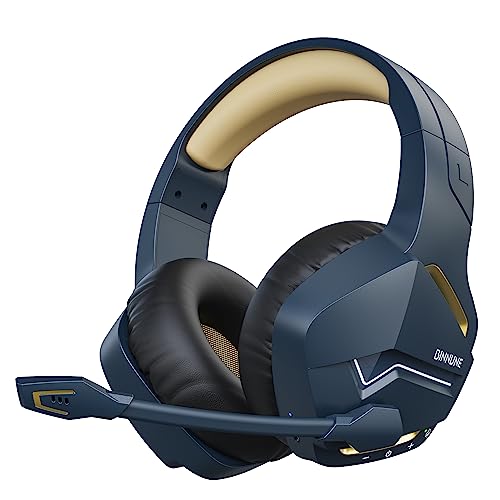 BINNUNE BW01 Capacetes Gaming sem fios para PS5, PS4, PC, NS, som estéreo 7,1, auriculares com microfone, capacetes PS5 com Dongle USB, duração de 120 Hr, dourado / azul