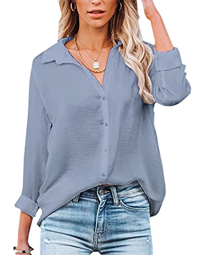 NONSAR - Blusa feminina de manga comprida e gola em V, com botões, elegante, casual, para o trabalho