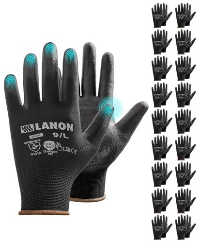 LANON Luvas de trabalho de 18 pares, revestimentos de PU, luvas de segurança multiusos para homens e mulheres, tecido sem costuras, tamanho 9/L