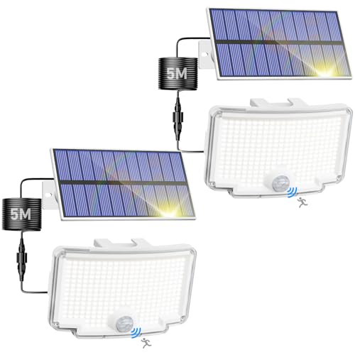 nipify Focos LED exteriores solares, luz solar com sensor de movimento, 318 LEDs/3 modos, impermeável potente candeeiro solar para jardim, garagens, caminhos, 2 pacotes branco frio, moldura branca