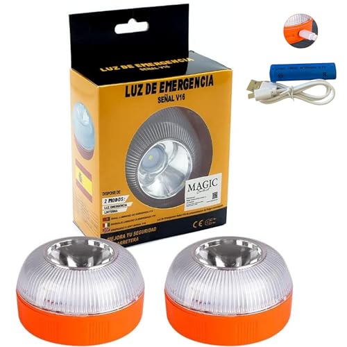 MAGIC SELECT 2 x luz de emergência V16 para sinalização de estrada de carro e moto. Luz amarela intermitente e branca fixa com ignição automática, base estampada e bateria recarregável. Sem GPS.