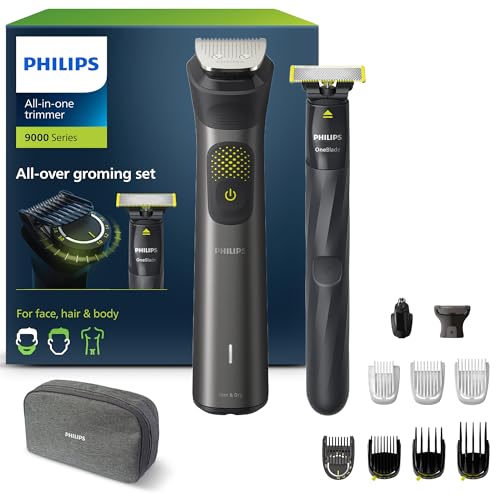 Philips Aparador de barba série 9000, máquina de cortar cabelo, corta-pelos para homem, kit 13 em 1 para rosto, cabelo, orelhas, nariz e corpo, 120 min de uso, seco e húmido, recarregável, OneBlade,