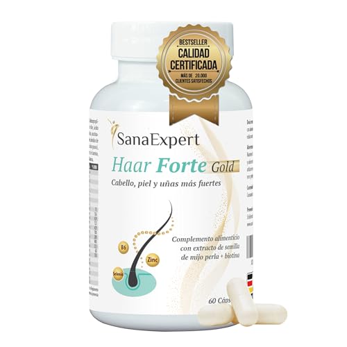 SanaExpert® Haar Forte Gold Suplemento empilhar vegan para fortalecer o cabelo, pastilhas com vitamaminas, bambu, melanina, biotina e zinco, 60 cápsulas, fabricado na Alemanha