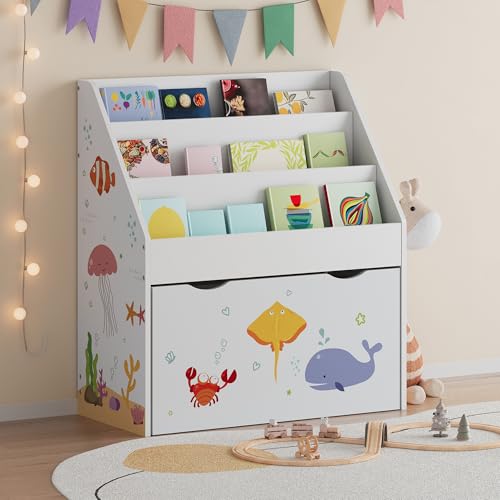 [en.casa] Livraria infantil Aarnskona estante com motivos infantis com gaveta e 3 compartimentos abertos quarto para crianças berçário glomerado 70 x 63 x 30 cm - branco/Aqua Dream
