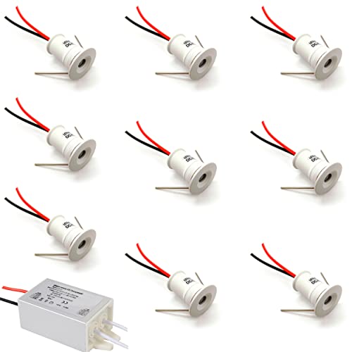 Candeeiro embutido para cozinha, 9 unidades, 12 V, 1 W, foco LED embutido para cozinha, escadas, armário, iluminação de casa, vitrinas, pequeno foco LED IP65, capa branca (branco frio, 120°)