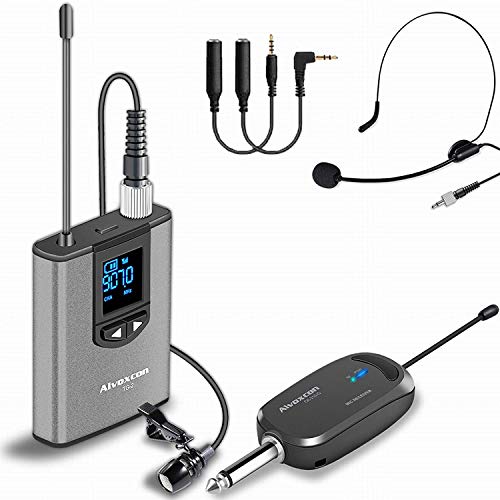 Alvoxcon Sistema de microfone sem fios Lavalier UHF profissional Mic de lapela e diadema para iPhone/Android/câmara DSLR/amplificador/altifalante PA/Youtube/gravação vocal/podcast/educação/evento
