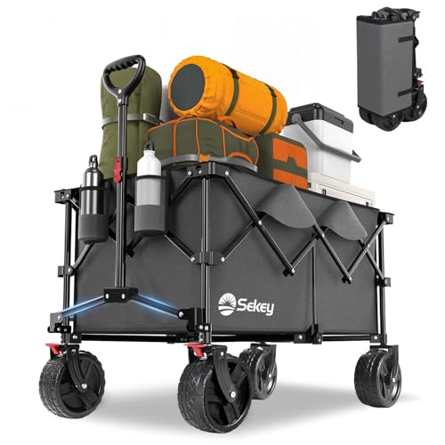 Sekey XXL Plus Carrinho de praia rodas grandes com travões, 200 l, 150 kg, carrinho dobrável com rodas grandes, extra 17 x 10 cm, todo o terreno, dobrável patenteado em quatro direções SE4011