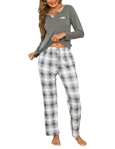Pijama inverno algodão para mulher - conjunto com t-shirt de manga comprida e calças compridas xadrez - roupa de dormir com bolsos e cordão