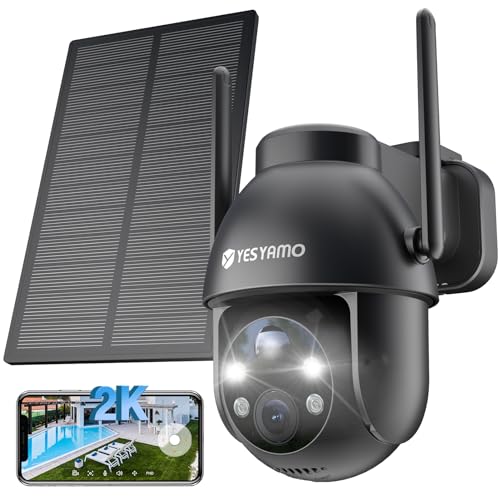 YESYAMO 2 K Câmara de vigilância Wi-Fi exterior solar com bateria, painel solar, 2,4 GHz Wi-Fi câmara exterior solar IP66, 360 ° PTZ, visão noturna cor, áudio bi-direcional, PIR sereia, preta