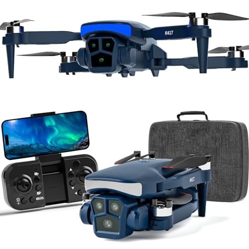 K417 Dron com câmara HD 1080P, 90° ajustável, luzes LED azuis, posicionamento ótico, quadricóptero RC FPV dobrável, controlo por gestos/VR, descolagem/aterragem automática, estojo de transporte