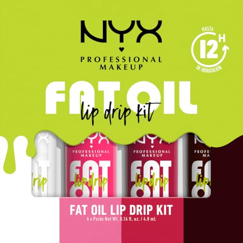 NYX Professional Makeup, Kit de óleos labiais, hidratação de 12H, com óleo de esqualano, framboesas e amora, Fat Oil Lip Drip, 4 tons