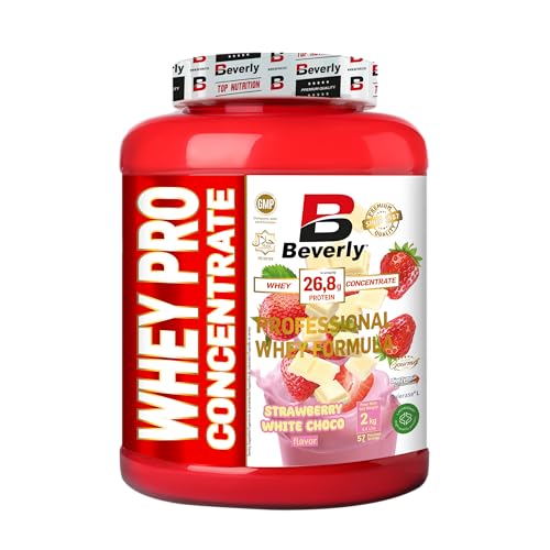 Beverly Whey Pro - Concentrado de proteína de suero whey - 2 Kg - 28 g de proteína por ración - 58 servicios - Tonifica y aumenta la masa muscular (2 KG, Fresa Chocolate Blanco)
