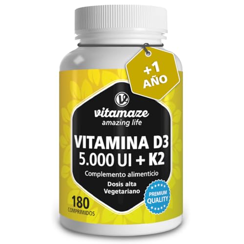 Vitamina D3 e K2 de alta dose (5000 UI vitamina D3 + vitamina K2 100 Mcg) - sistema imunitário e ósseo - 180 comprimidos alta biodisponibilidade, qualidade alemã. Vitamaze®
