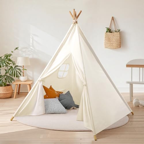 Wilwolfer Tipi infantil, algodão tenda de campismo interior madeira portátil cabanas para crianças, loja de jogos com bandeiras coloridas e bolsa de armazenamento