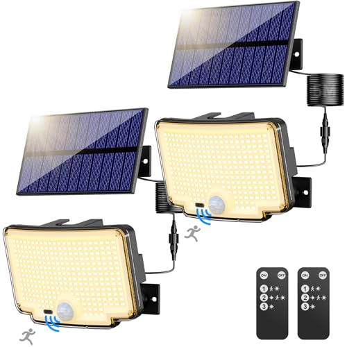 nipify Focos solares exteriores, luz LED 318 com sensor de movimento 6500 K, IP65 luz solar exterior jardim candeeiro solar com comando à distância para jardim, garagens, 2 peças branco quente