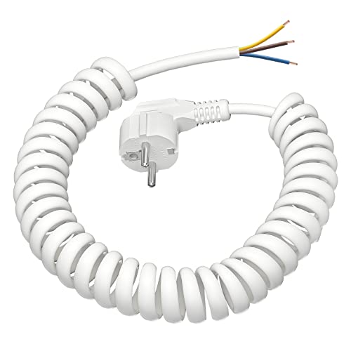 Cabos de extensão de corrente 3 m, 1 pacote de plástico extensão cabo espiral, área interior IP20 com tomada Schuko, cabo de alimentação Schuko 230 V / 16 A, branco
