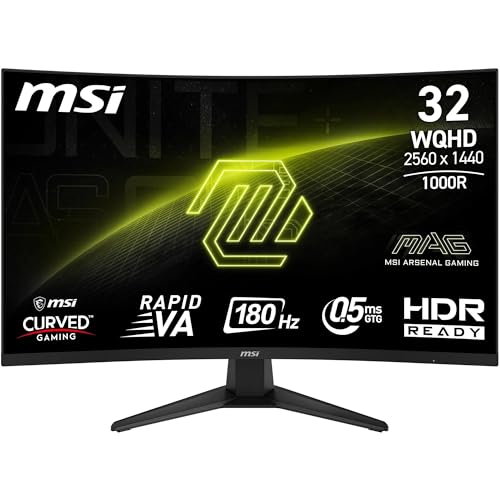 MSI mag 325CQF Monitor curvo Gaming de 32" WQHD - 1000R 2560 x 1440 Rapid VA painel, 180 Hz / 0,5 ms (GtG, Min. ), Adaptive Sync - DP 1.4a, HDMI 2.0b CE, USB Type-C (DP alt. C / 15W Pd