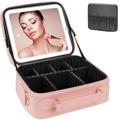 iFalarila Estojo de maquilhagem com espelho LED recarregável [3 cores e regulação contínua] bolsa de maquilhagem estojo de comboio com armazenamento de pincéis, profissional Neceser - rosa