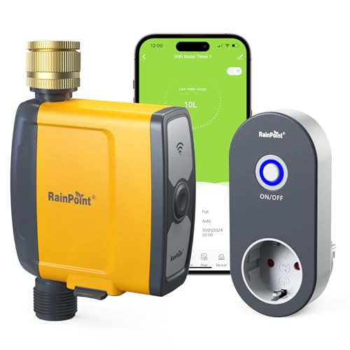 RAINPOINT Programador de rega WiFi 2,4 GHz, entrada de latão, temporizador de rega automático com WiFi com App/controlo por voz, rega baseada em clima/humidade do solo, para estufa e jardim