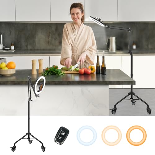 LUXSURE Aro de luz com tripé e rodas giratórias com travão, Ring Light com função Bluetooth, anel de luz com braço de suporte e suporte para telemóvel para gravar vídeos/cozinha/transmissão ao vivo