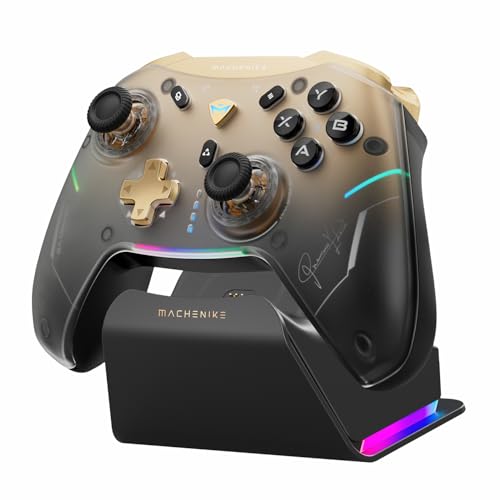 Machenike G5Pro V2 Mando Gaming Inalámbrico para PC/NS/iOS/Android [1000Hz], Joystick Intercambiable en Caliente, Disparadores Óptico-Microswitch, Base de Carga RGB Sincronizada, BT/2.4G/USB, Dorado