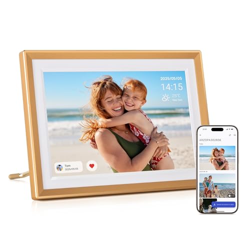ARZOPA Moldura de fotos digital metálica Wi-Fi 10,1" 32 GB IPS HD ecrã tátil auto-rotação gratuito Arzopa App partilhar remoto fotos e vídeos ilimitados moldura fotos digital D10 ouro
