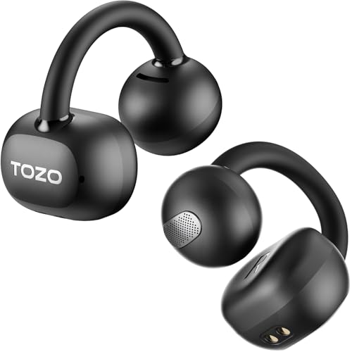 TOZO OpenEarRing Auriculares sem fios Bluetooth 5.4 ultraleve com cancelamento IA de ruído ORIGX acústico EQs ajuste 40H reprodução LED ecrã USB tipo C IPX5 preto