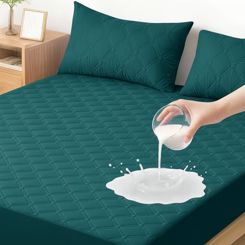 Ystyle Protetor de colchão impermeável, 140 x 200 cm, capa de colchão anti-ácaros anti-riscos, elástico em todo o contorno, cobertura de colchão hipoalergénico, para altos de 30 cm, verde escuro