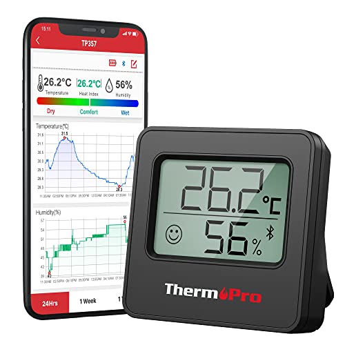 ThermoPro TP357 260FT Bluetooth Termómetro, higrómetro digital com monitor remoto de temperatura e humidade e APP inteligente, termómetro digital casa com registos máximos e mínimos, preto