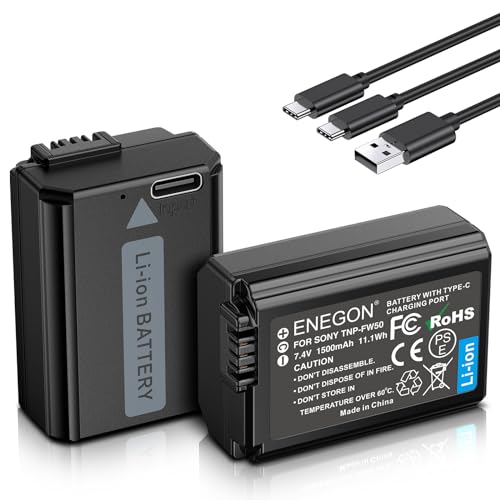 ENEGON NP-FW50 Tipo C Porta de carregamento baterias (2 x 1500 mAh) para Sony ZV-E10, A6000, A6500, A6300, A6400, A7, A7II, A7RII, A7S, A7S2, A7R, A7R2, A55, A5100, A5000, A3000, A55, RX10