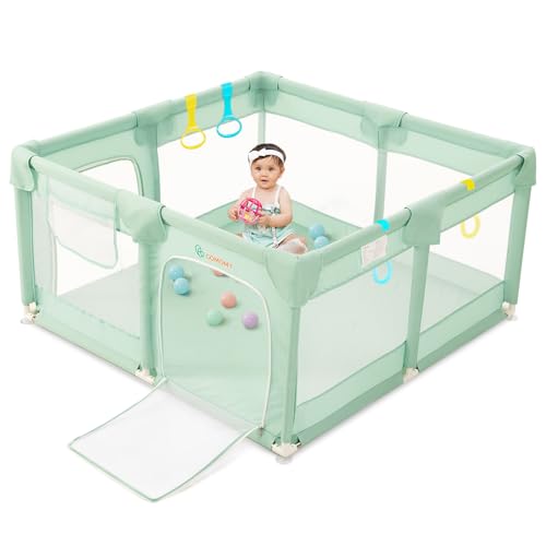 COMOMY Parque Infantil para bebé, 127 x 127 x 66 cm, trela bebé com 4 anéis, corral de malha macia e respirável, centro de atividades para crianças, verde