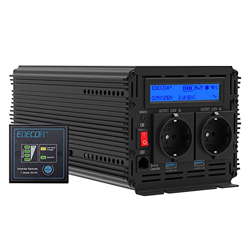 EDECOA Inversor 2000 w conversor de voltagem de 24 V a 230 V transformador de corrente de onda sinusoidal modificada LCD com comando (4ª geração)