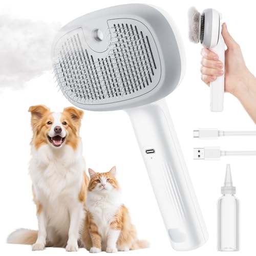 pecute Escova a vapor para gatos, escova de gato a vapor recarregável, escova para gatos e cães auto-limpável, escova a vapor removedor de pelo, anti-estática pente de massagem para cabelos compridos
