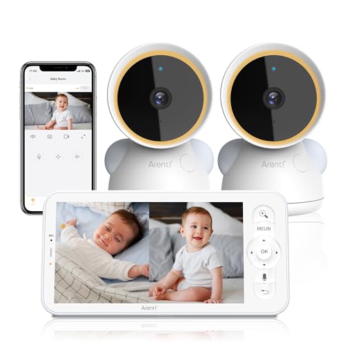 ARENTI 3MP Vigilância para bebés com 2 câmaras, câmara de vigilância para bebés com vídeo de 5" ecrã dividido, câmara de vigilância para bebés, áudio bidirecional, visão noturna, luz noturna, detecção