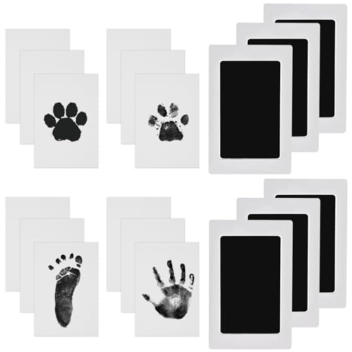 Nabance Impressões para bebé recém-nascido, 12 cartões de impressão e 6 modelos, tinta impressão impressão bebé pé e mãos, não tóxicos sem manchas, kit impressão de cão, presente de batismo ou